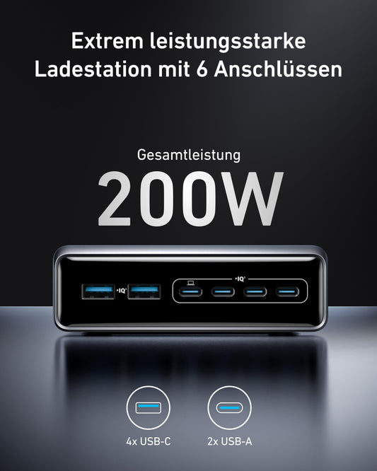 Anchor Prime Charger, 200W 6 Port GaN Charging Station, USB-C PD Desktop Charger with Fast Charging, compatible with iPhone 17/16/15 Series, Samsung, MacBook, Dell, and more.