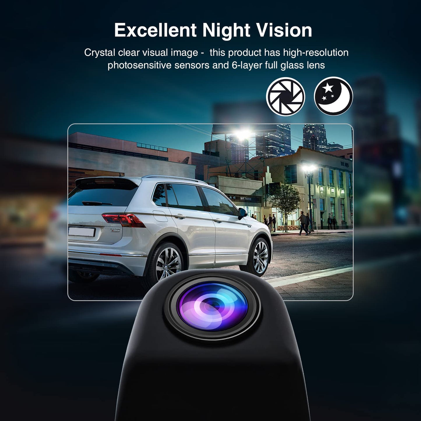 PARKVISION HD car backup camera with 142° wide angle, excellent night vision, metal housing, optional parking lines. Easy to install for added safety while reversing.