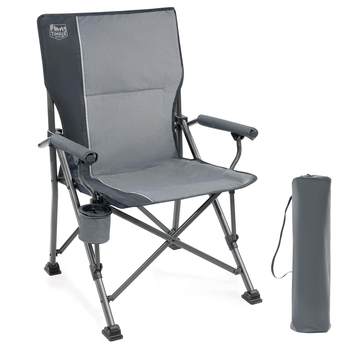 TIMBER RIDGE folding camping chair with high backrest, 150kg capacity, portable with drink holder, sturdy armrest. Perfect for picnics, garden, balcony, and sports events.