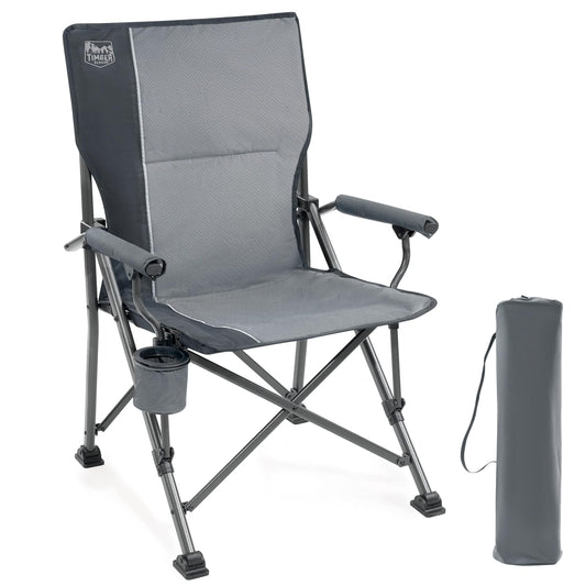 TIMBER RIDGE folding camping chair with high backrest, 150kg capacity, portable with drink holder, sturdy armrest. Perfect for picnics, garden, balcony, and sports events.