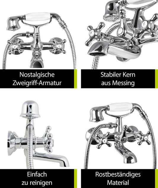 aquaSu® Two-handle mixer Athena for bathtub including shower set | Retro faucet | Diverter bathtub faucet | Tub battery | Nostalgic two-handle faucet | Cross handles | Chrome | 76802 3