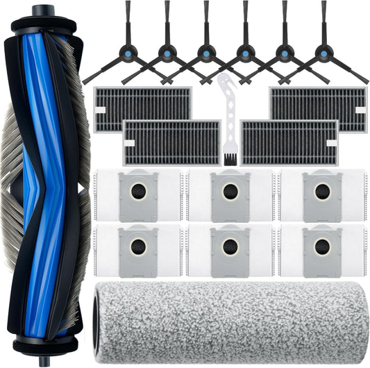 Bluearks 19 piece accessory set for Ecovacs Deebot X8 Pro Omni/X8 Omni robotic vacuum, including 1 main brush, 1 scrubbing brush, 4 filters, 6 side brushes, and 6 dust bags. X8 Pro Omni replacement parts accessory set.