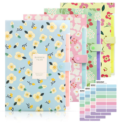 KONVINIT document folder a4, accordion folder with 6 pockets floral/flower document folder organizer paper organizer removable aesthetic school supplies, 4 pieces.