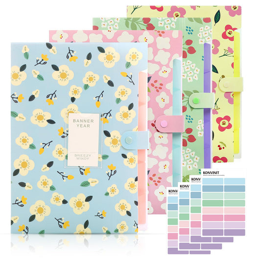 KONVINIT document folder a4, accordion folder with 6 pockets floral/flower document folder organizer paper organizer removable aesthetic school supplies, 4 pieces.