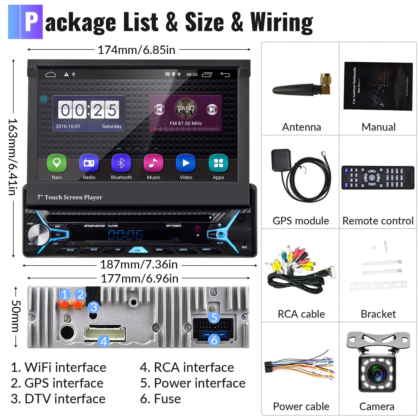 2GB+32GB Android car stereo 1 Din with GPS navigation DVD CD 7 inch Automatic retractable touchscreen DVD car stereo with Bluetooth Mirror Link AM/FM Radio WiFi/USB/AUX/EQ/DAB Radio with rear camera microphone