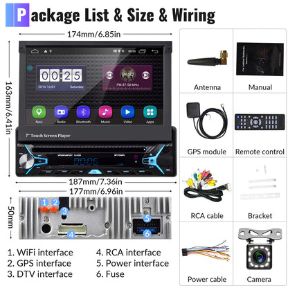 2GB+32GB Android car stereo 1 Din with GPS navigation DVD CD 7 inch Automatic retractable touchscreen DVD car stereo with Bluetooth Mirror Link AM/FM Radio WiFi/USB/AUX/EQ/DAB Radio with rear camera microphone