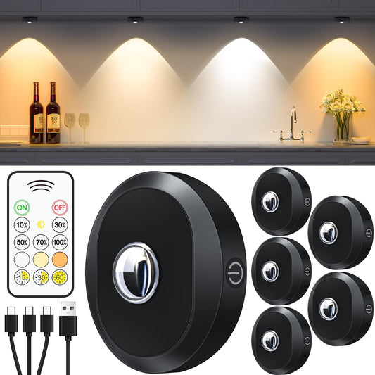 WILLED USB Rechargeable LED Puck Lights with Remote Control, Round Cabinet Lighting, 3 Color Temperatures, Dimmable LED Spot, Wireless Display Case Lighting with Timing Function (6-Pack)