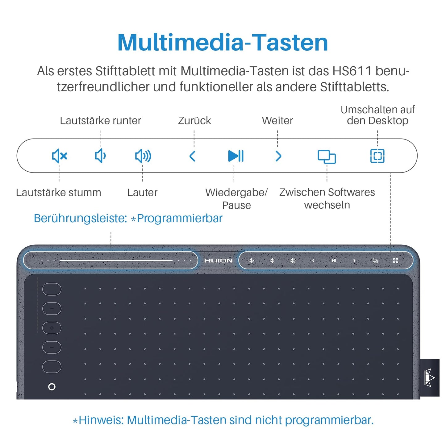 HUION HS611 Graphic Tablet, 10.2 x 6.36 inch Professional Drawing Tablet, Battery-free Digital PW500 Pen, Equipped with Multimedia Touch Keys, Adjustable Volume, Music Playback, Gray