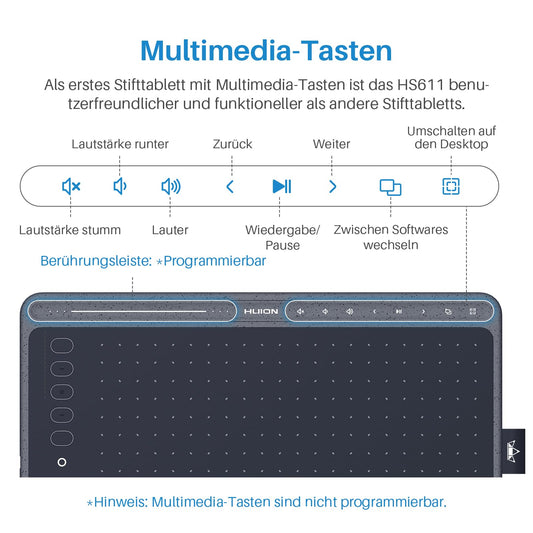HUION HS611 Graphic Tablet, 10.2 x 6.36 inch Professional Drawing Tablet, Battery-free Digital PW500 Pen, Equipped with Multimedia Touch Keys, Adjustable Volume, Music Playback, Gray