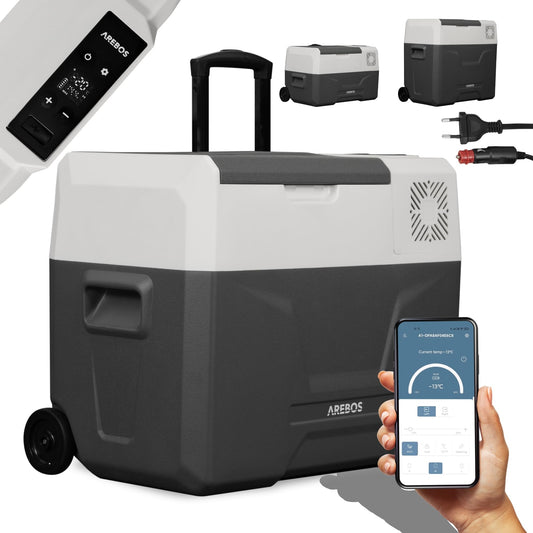Arebos compressor cooler box with wheels 39 liters | Electric freezer box with APP & smart control | Mobile cool box with USB port | up to -20 °C | 12/24 V 230V | for car, truck, camping, boat, RV