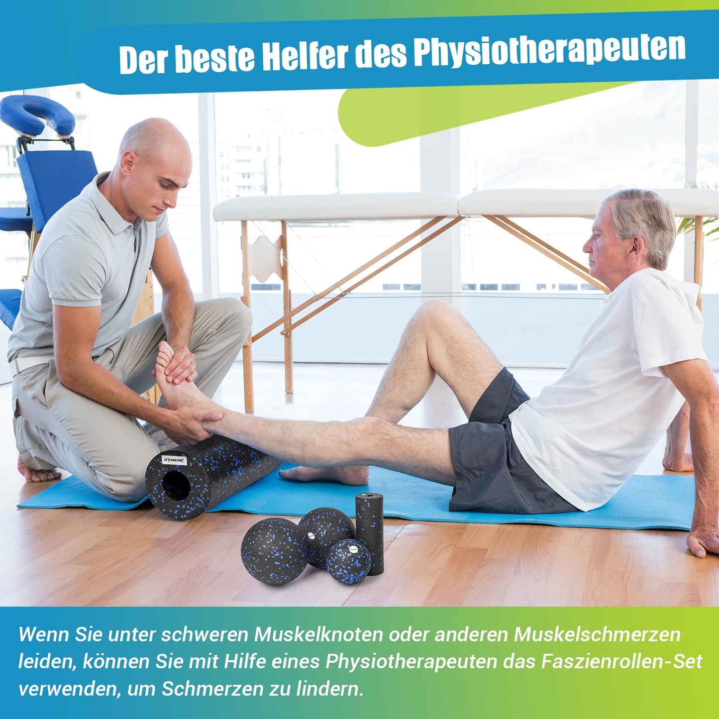 Gymerk fascia roller set with large duo ball, fascia ball, and small fascia roller. Ideal for back, spine, leg stretches, and fascia training. Includes training posters.