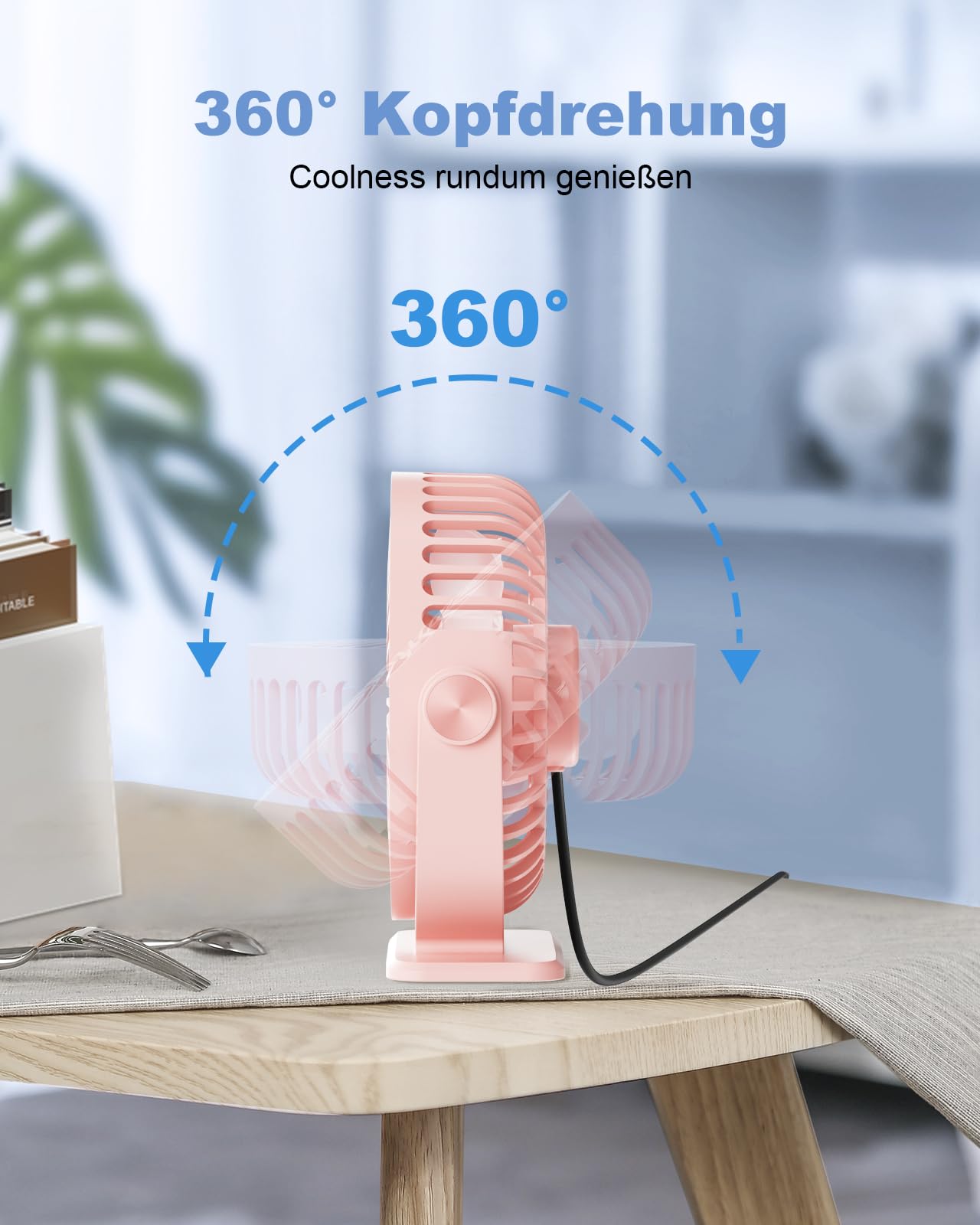 TriPole Fan: Quiet, 3-speed mini fan. Powerful portable USB desk fan with 360° rotation. Small electric fan for office, bedroom, and travel. Pink color.