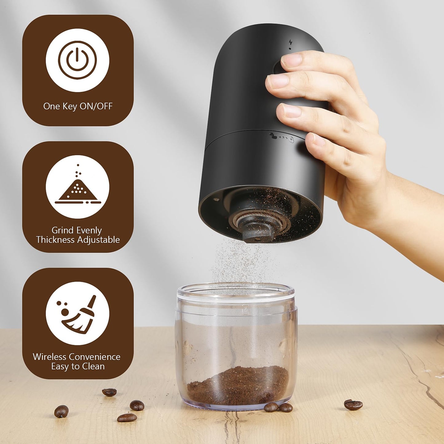 Wine loneliness coffee grinder, USB rechargeable electric coffee grinder with ceramic conical burr adjustable coarseness espresso coffee mill portable electric mills for coffee beans spices beans