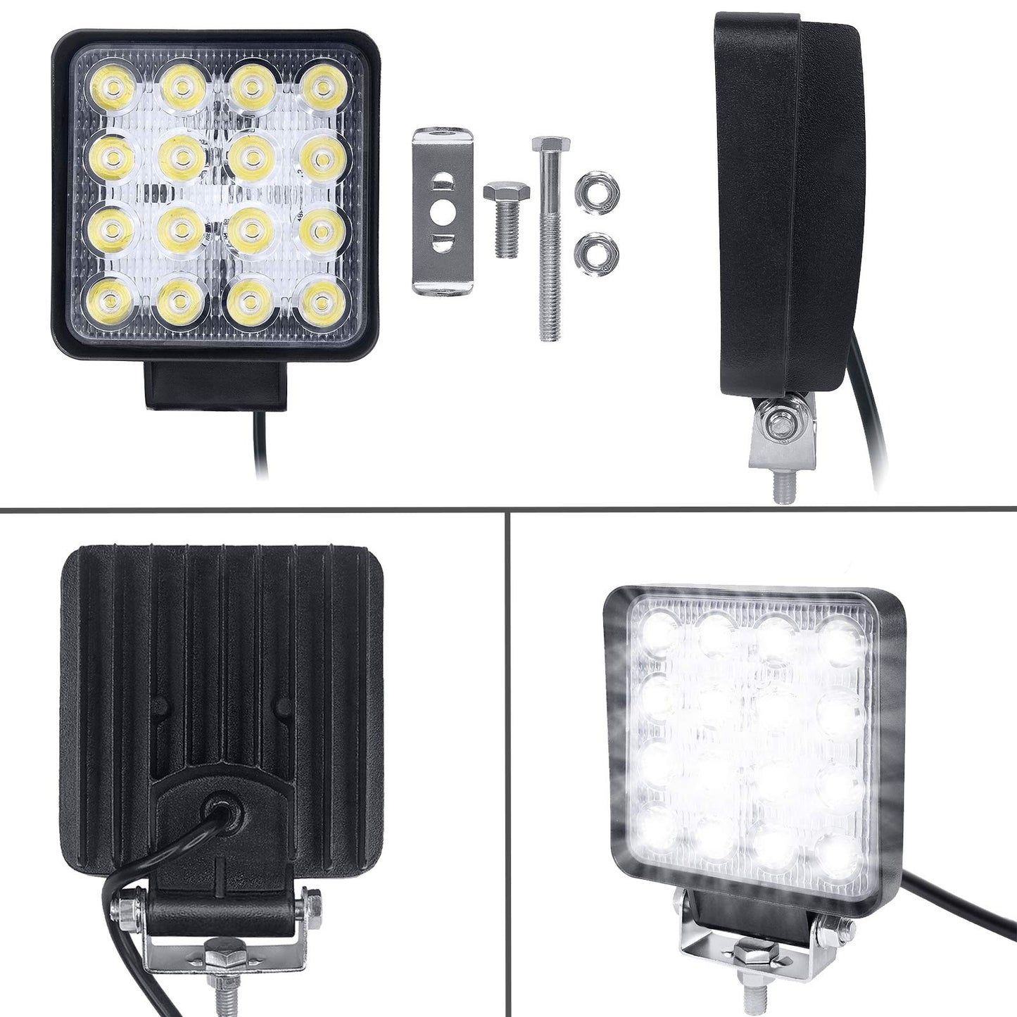 12V LED work lights by Aufun with 48W off-road floodlights, 4320lm. IP67 waterproof headlights for tractor, SUV, UTV, ATV. Set of 4.