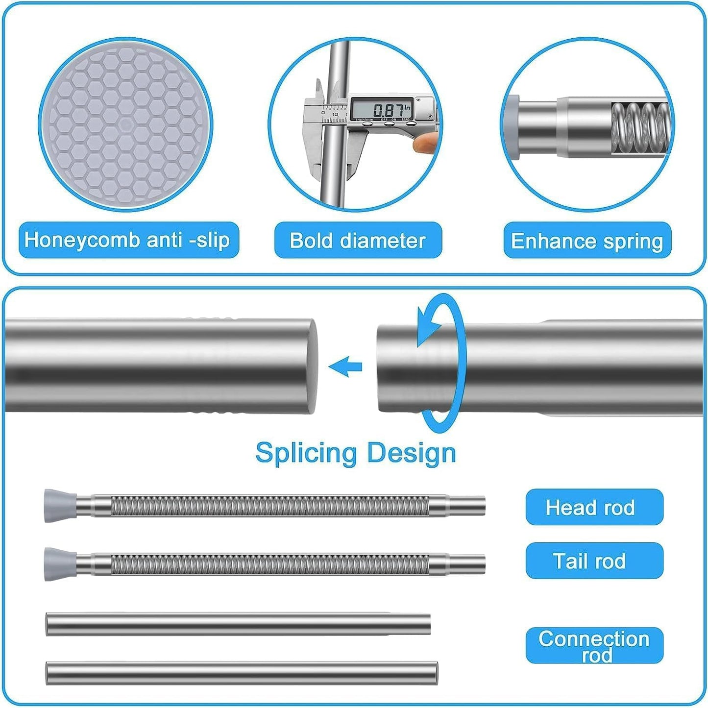Zipglo 1 piece curtain rod without drilling 113-196cm shower rod telescopic rod curtain rod tension rod adjustable for bathroom, windows, kitchen, closet, silver