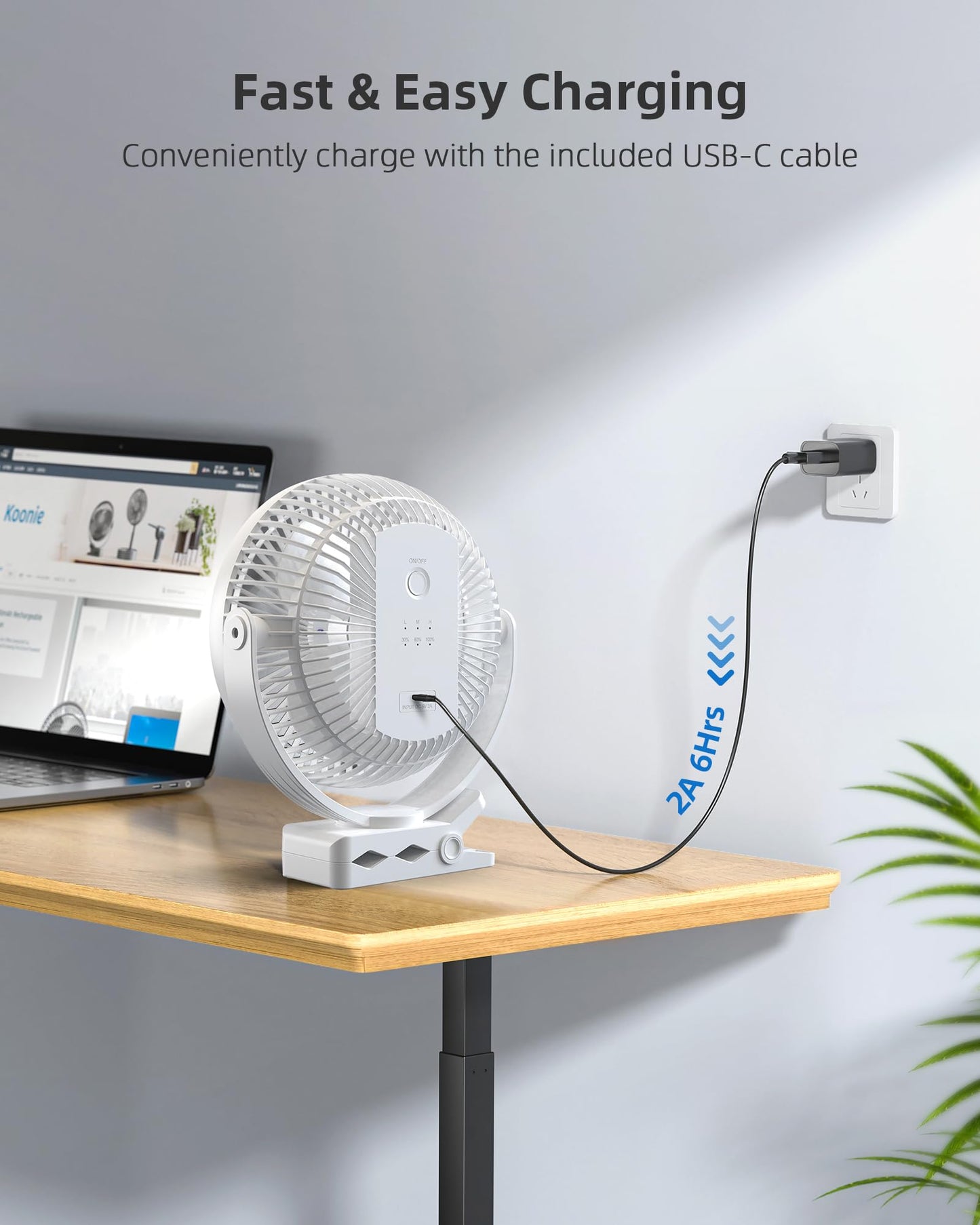 Koonie 20cm Portable Clip-On Fan, USB Table Fan with 10,000mAh Battery, 4 Speeds, Rechargeable Table Fan for Home, Office, Stroller, Camping (White)