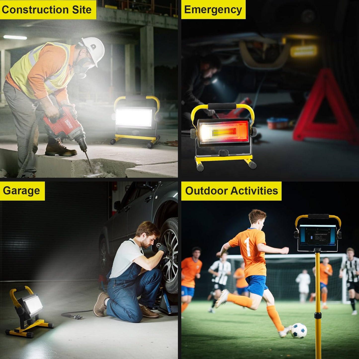 SYLSTAR LED construction spotlight with battery, 80W 7000 lumens LED spotlight with battery work light with 6 modes, portable work spotlight for workshop construction site garage camping outdoor lighting