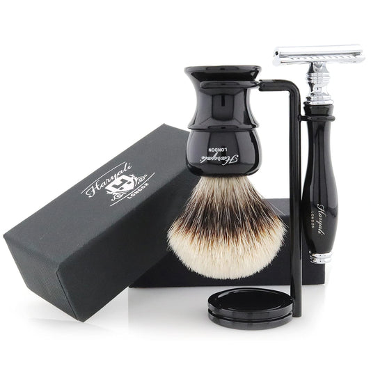 Haryali London Shaving Set - safety razor, badger hair shaving brush, shaving stand - double edge razor blades safety razor - 3 piece safety razor set - Black shaving brush set as a gift set
