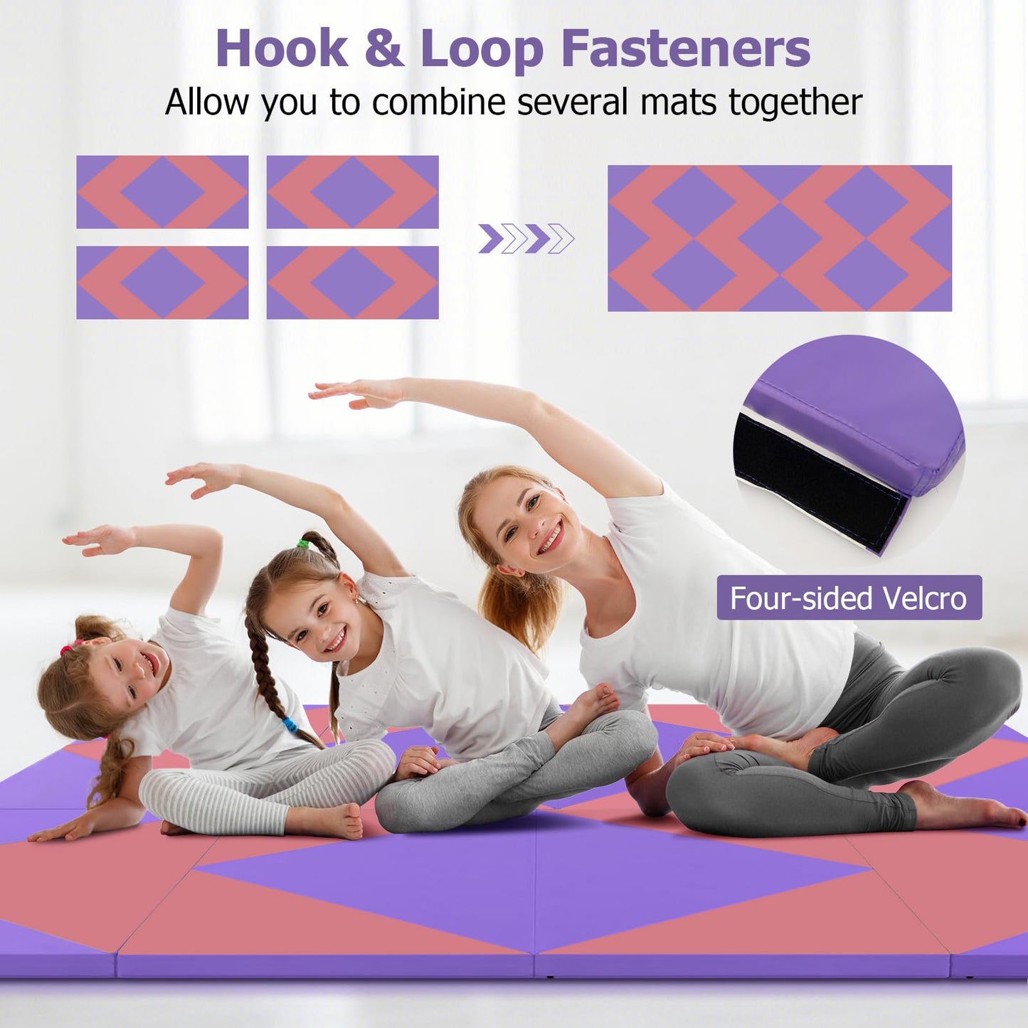 GOPLUS Folding Gym Mat, 240×117×5cm, Soft Floor Exercise Mat with 2 handles & Velcro Straps, suitable for Gymnastics, Yoga, and Play, Fitness Mat for Home (Pink + Purple)