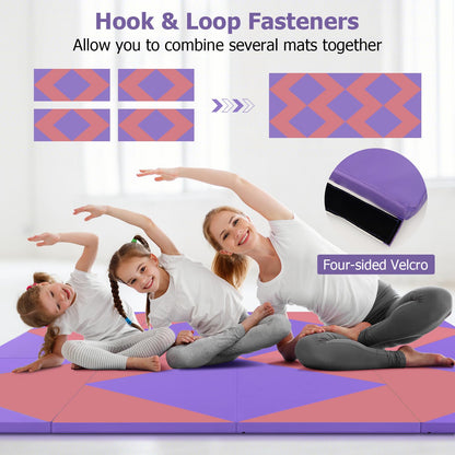 GOPLUS Folding Gym Mat, 240×117×5cm, Soft Floor Exercise Mat with 2 handles & Velcro Straps, suitable for Gymnastics, Yoga, and Play, Fitness Mat for Home (Pink + Purple)