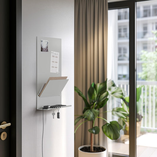 Offering wall organizer shelf made of steel structure. 30 x 9 x 49 cm 3-in-1 wall shelf with magnetic board and magnets. Board for keys, newspapers, and notes. Gray color.