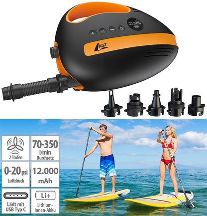 AGT SUP Battery Pump: Battery-operated air pump for SUP boards, 350 l/min, 3X 4,000 mAh, USB, 12V (Accu pump for compressor, electric)