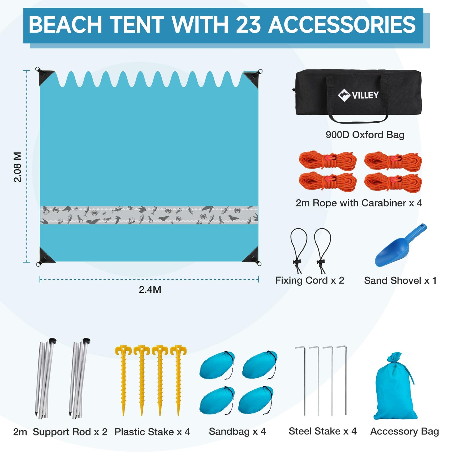 VILLEY sun tent 2m x 2.4m Blue, UPF50+ UV protection Lycra beach tent for 3 people, beach umbrella with sandbag and 2 support poles for picnic, fishing, sun protection.