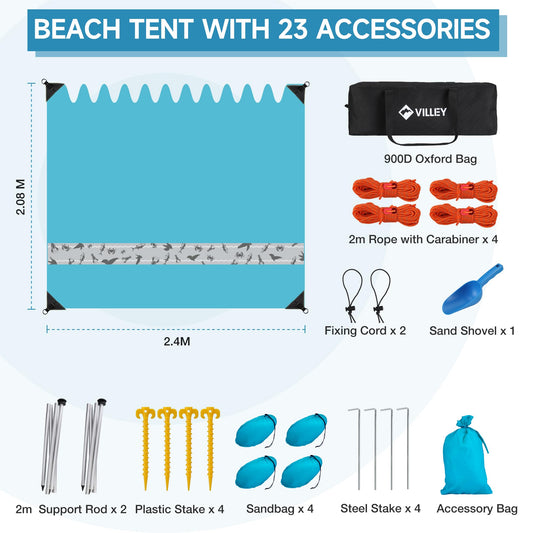 VILLEY sun tent 2m x 2.4m Blue, UPF50+ UV protection Lycra beach tent for 3 people, beach umbrella with sandbag and 2 support poles for picnic, fishing, sun protection.