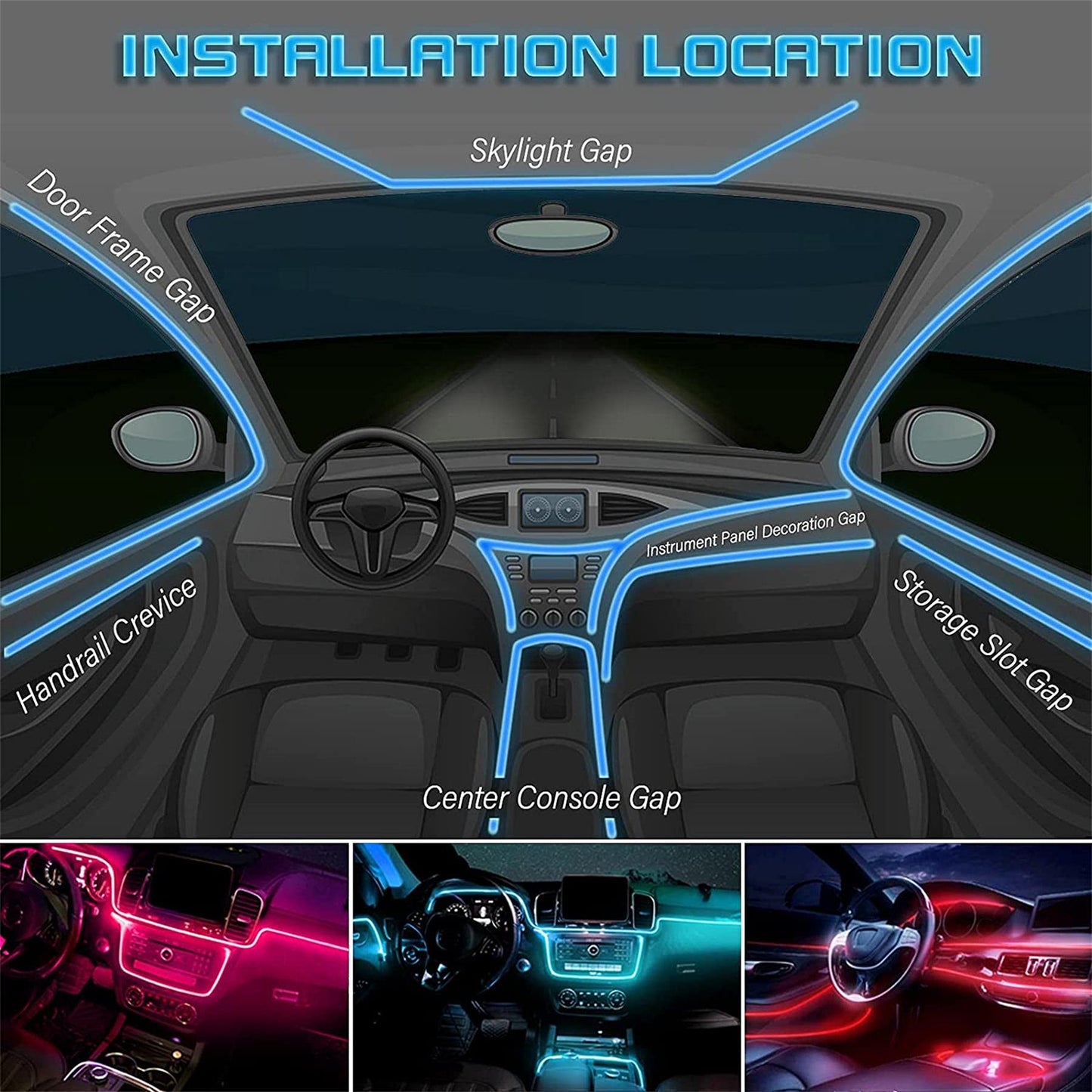 LED interior car lighting, 6M/5 in 1 RGB car interior lighting, 12V LED atmosphere light car, App controllable interior lighting, car LED strips.