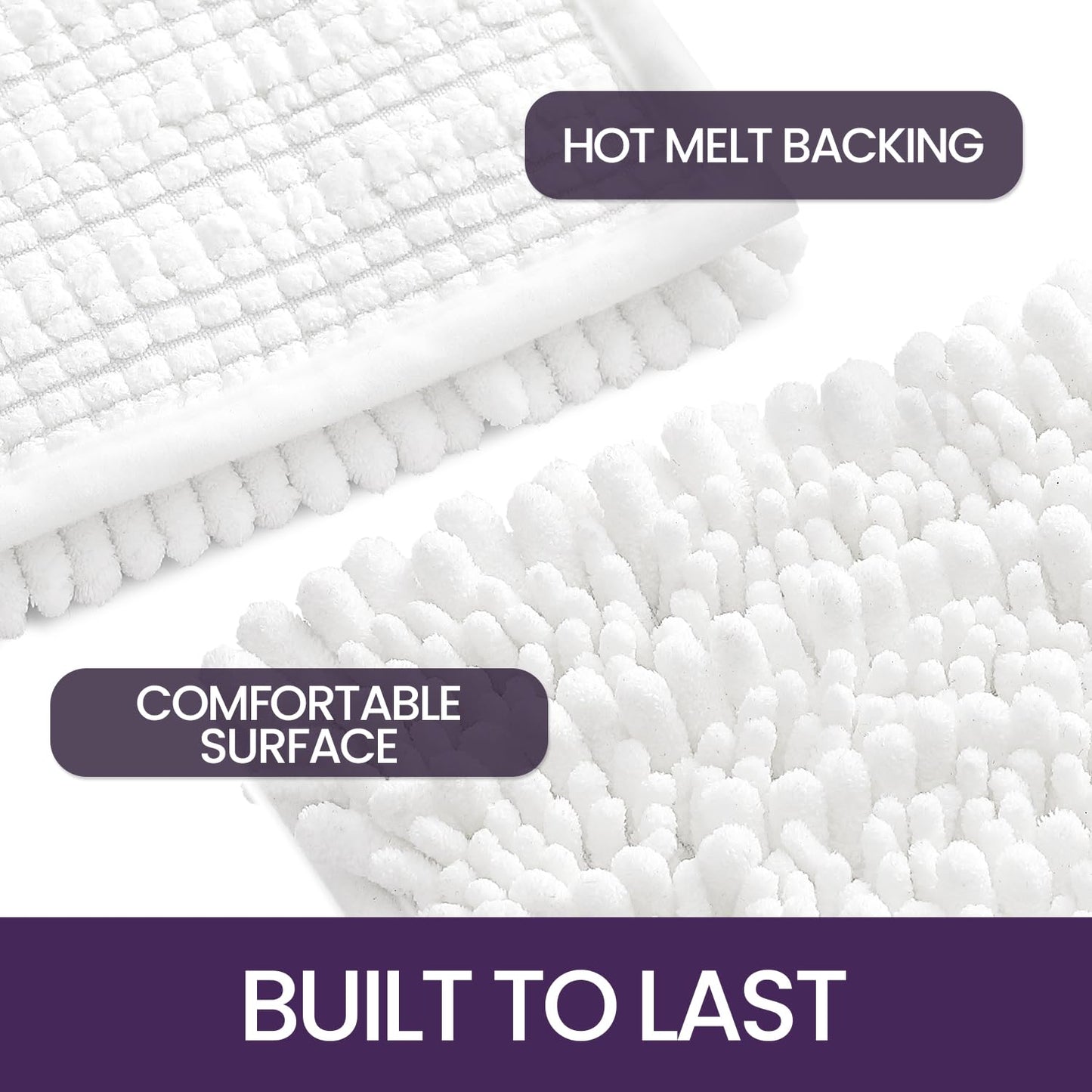 DEXI Bathroom Rug 60 x 110 cm, Chenille bath mat non-slip, soft bath mat machine washable, super absorbent bath rug for bathtub, shower, and bathroom, White.