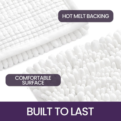 DEXI Bathroom Rug 60 x 110 cm, Chenille bath mat non-slip, soft bath mat machine washable, super absorbent bath rug for bathtub, shower, and bathroom, White.