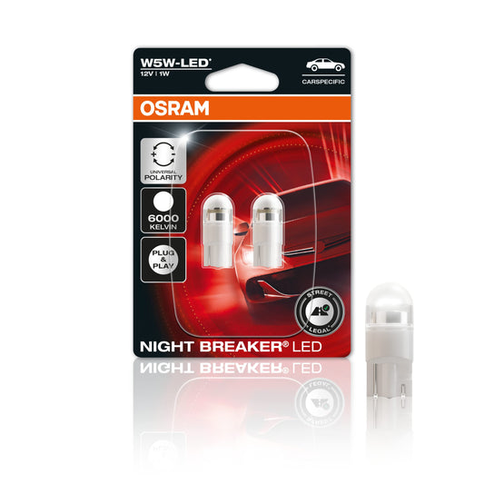 Osram NIGHT BREAKER LED W5W - CARSPECIFIC, 6,000K, first road legal upgrade lamp, model-specific parking light/position light/interior lighting.