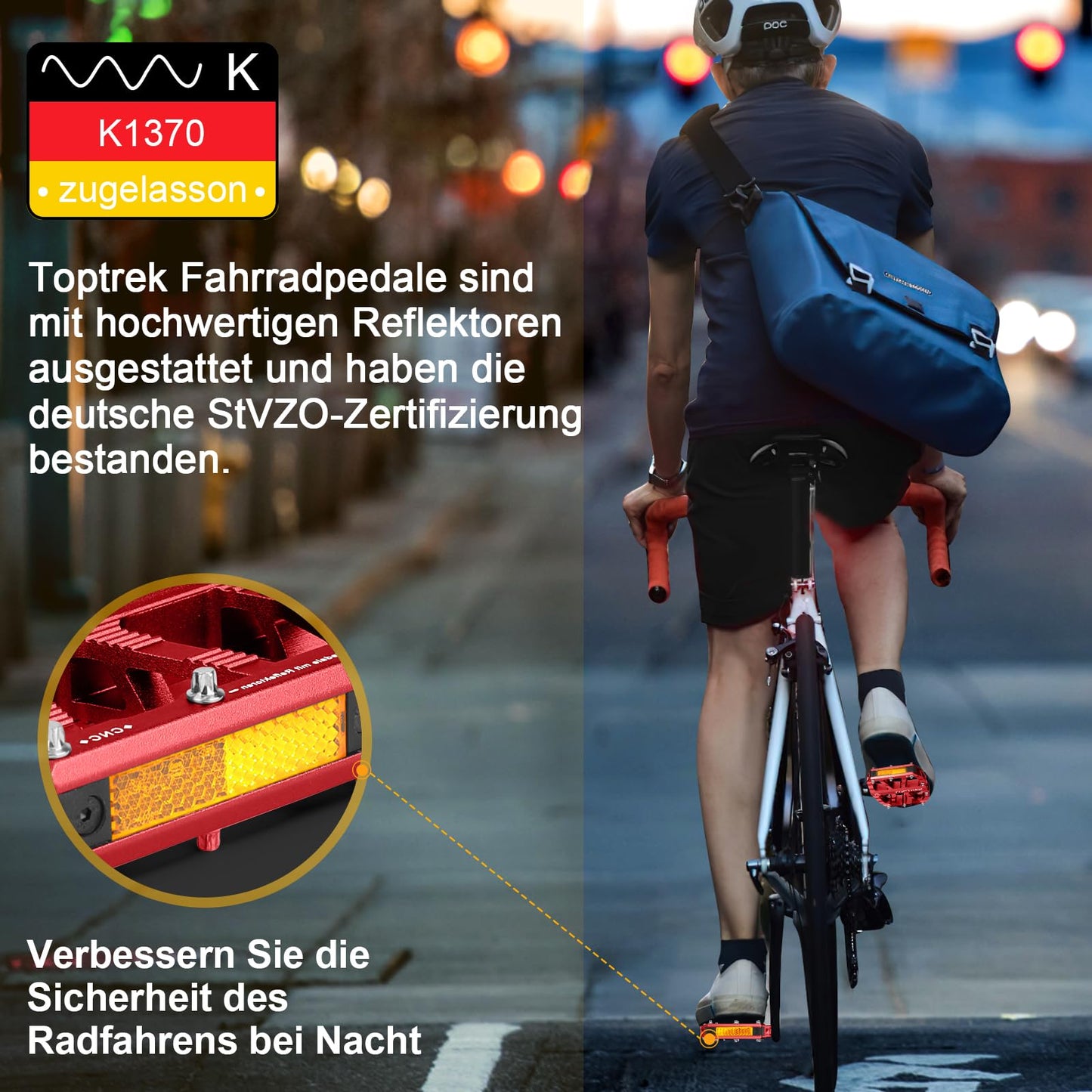 Toptrek bike pedals red with StVZO approved reflectors, CNC aluminum pedals bike MTB pedals non-slip with 3 sealed bearings for mountain bike, BMX, e-bike, road bike