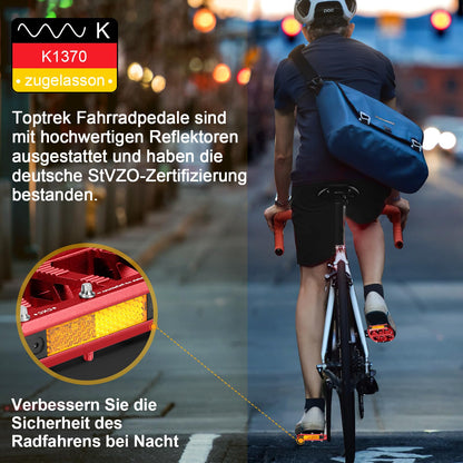Toptrek bike pedals red with StVZO approved reflectors, CNC aluminum pedals bike MTB pedals non-slip with 3 sealed bearings for mountain bike, BMX, e-bike, road bike