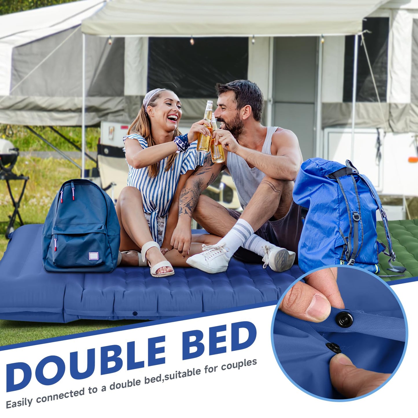 HiiPeak self-inflating camping mat 12cm thick with integrated pillow. Outdoor sleeping pad with small pack size and foot pump, inflatable air cells for high camping comfort.