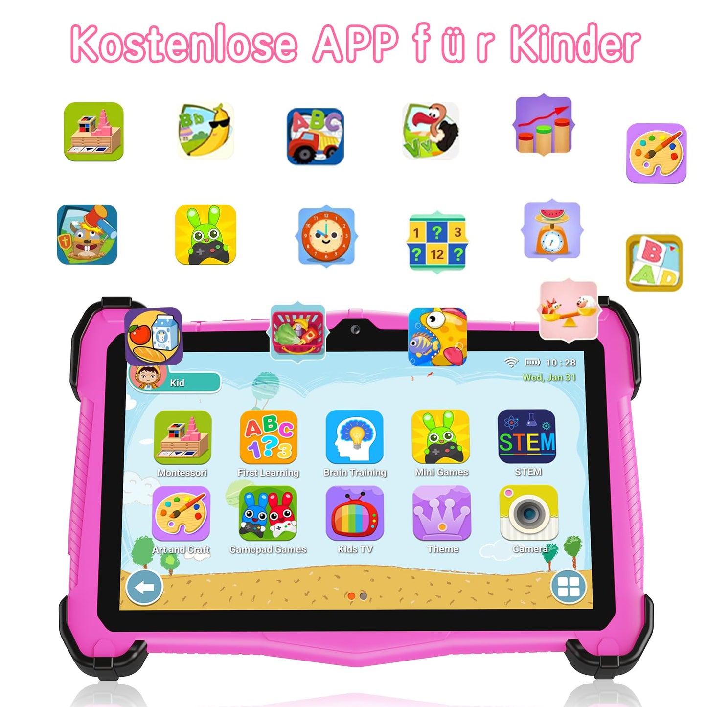 EagleSoar Kids Tablet 10 Inch, Android 14 with Octa-Core Processor for Kids Ages 3-12, 10GB RAM + 64GB ROM, with Educational Software and Parental Control (Pink)