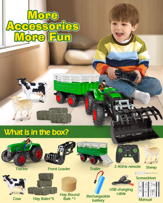 PENGBU RC Remote Control Tractor with Trailer, 2.4 GHz Remote Control Toy Tractor, Kids Tractor Remote Control with Front Loader, Trailer, Cow, Sheep, and Hay Bales for ages 3-8.