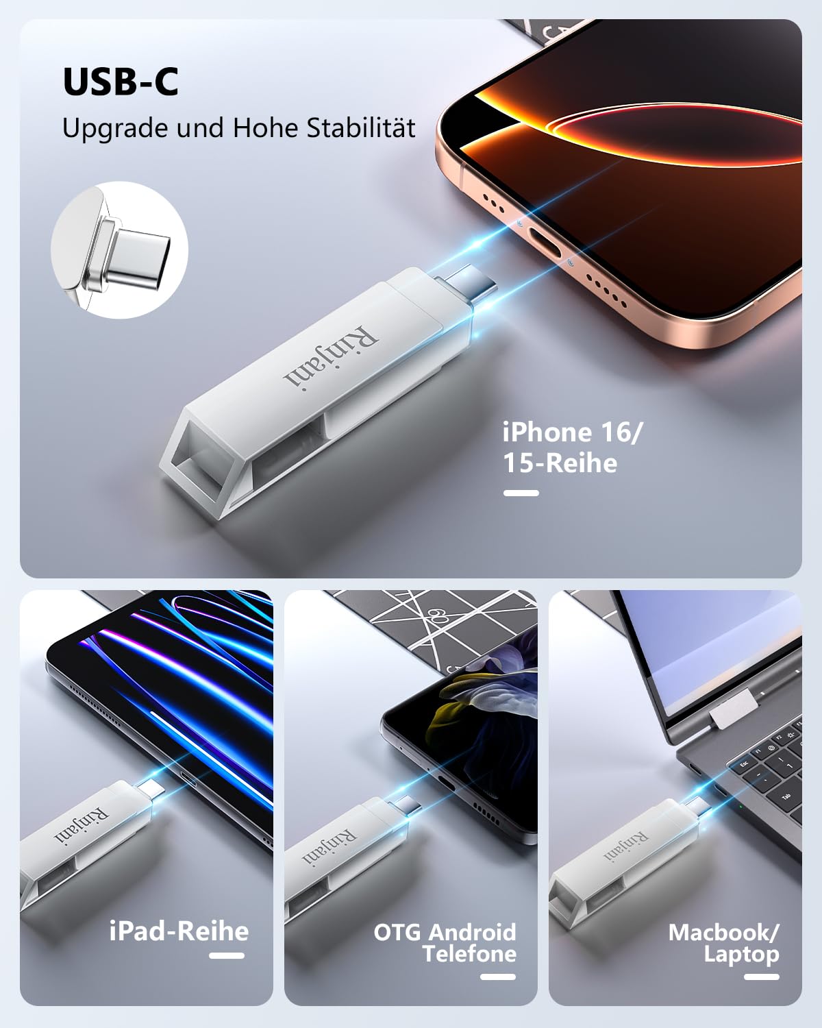 Rinjani USB Stick 512GB for iPhone Apple Certified, USB C Stick for iPhone 15/16, OTG Android Phone, iPad, Mac, Tablet, PC, USB 3.0 Memory Stick Photo Stick External SSD 3 in 1 MFi Lightning