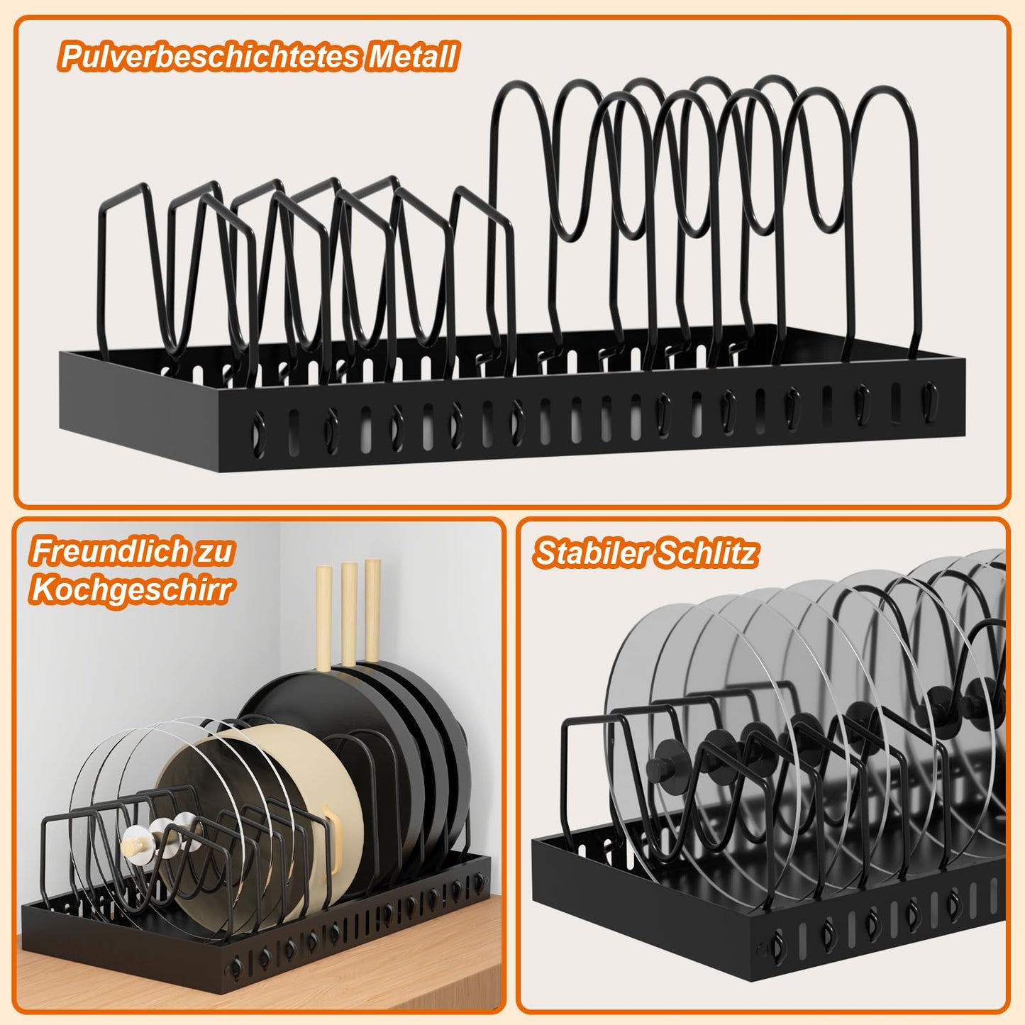FLSEPAMB Pot Lid Holder, Expandable Lid Holder Drawer with 10 Adjustable Compartments, Metal Pot Lid Organizer for Kitchen Utensils, Pans, Pots, Lids (Black)