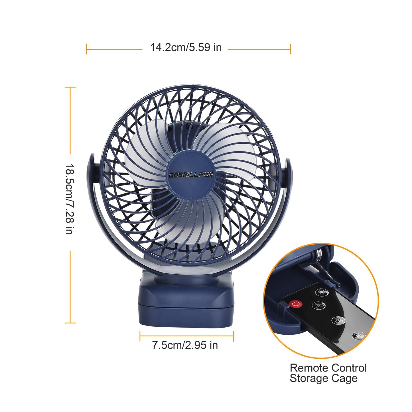 GOBRILLFUN 6 inch 12000mAh Remote Control Clip-on Fan, LED Night Light, 3 Speeds, Portable Personal USB Fan for Home, Office, RV, Outdoor Camping - Blue