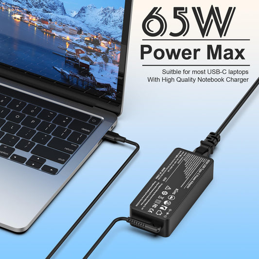 65W USB C power adapter for HP laptops, including Spectre, EliteBook, Elite X2, Chromebook, 360, Probook, and Pavilion. Universal charger with fast charging capabilities.