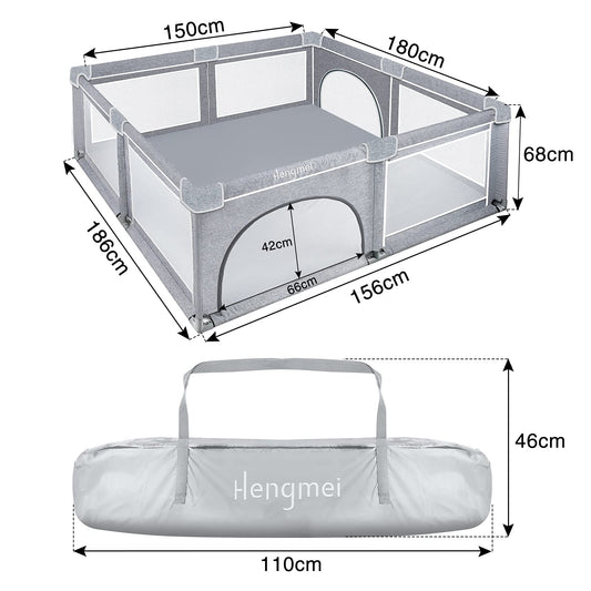 NAIZY Baby Playpen XL Play Yard Gray Safety Gate with Non-Slip Base and Breathable Net for Kids Indoor and Outdoor Use (150*180*68cm)