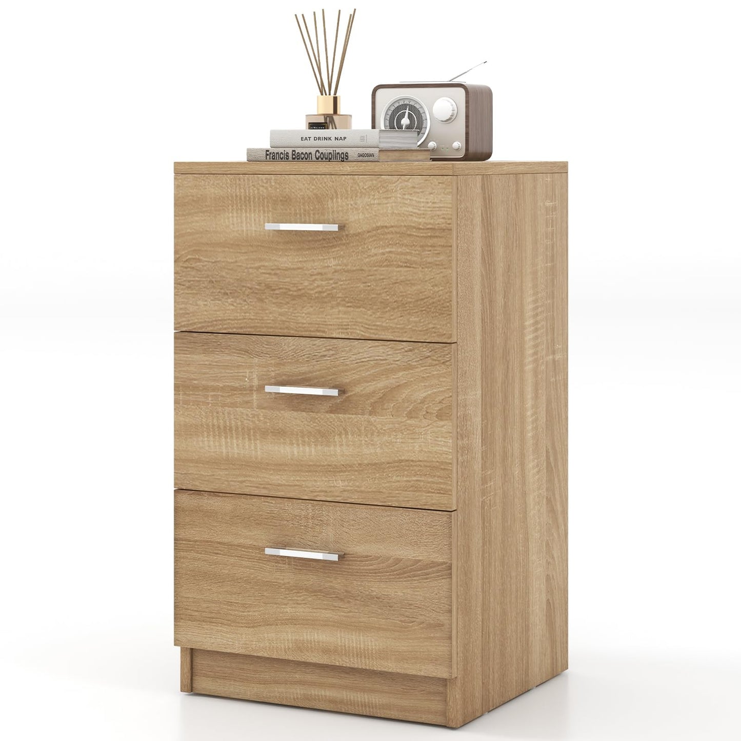 COSTWAY bedside table with 3 drawers, nightstand for boxspring bed, nightstand, night console, side table for bedroom, living room, 38 x 35 x 66 cm, natural