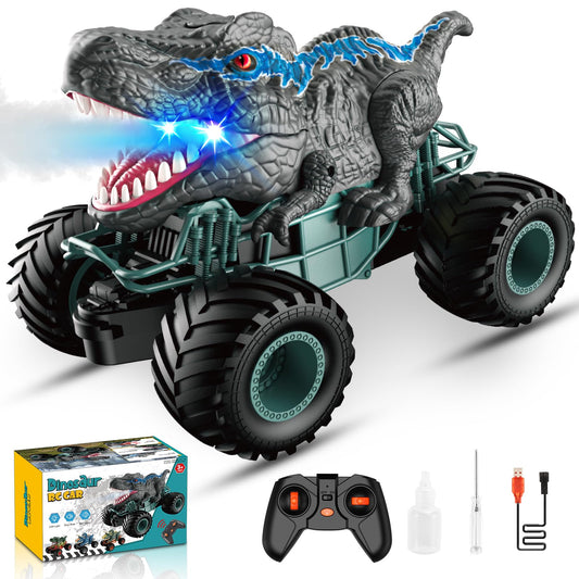 HappyGoLucky Monster truck remote control car for ages 3-8, Dinosaur toy for 3-10 year old boys, RC car with spray mist, music, LED lights, outdoor toy for Easter gifts.