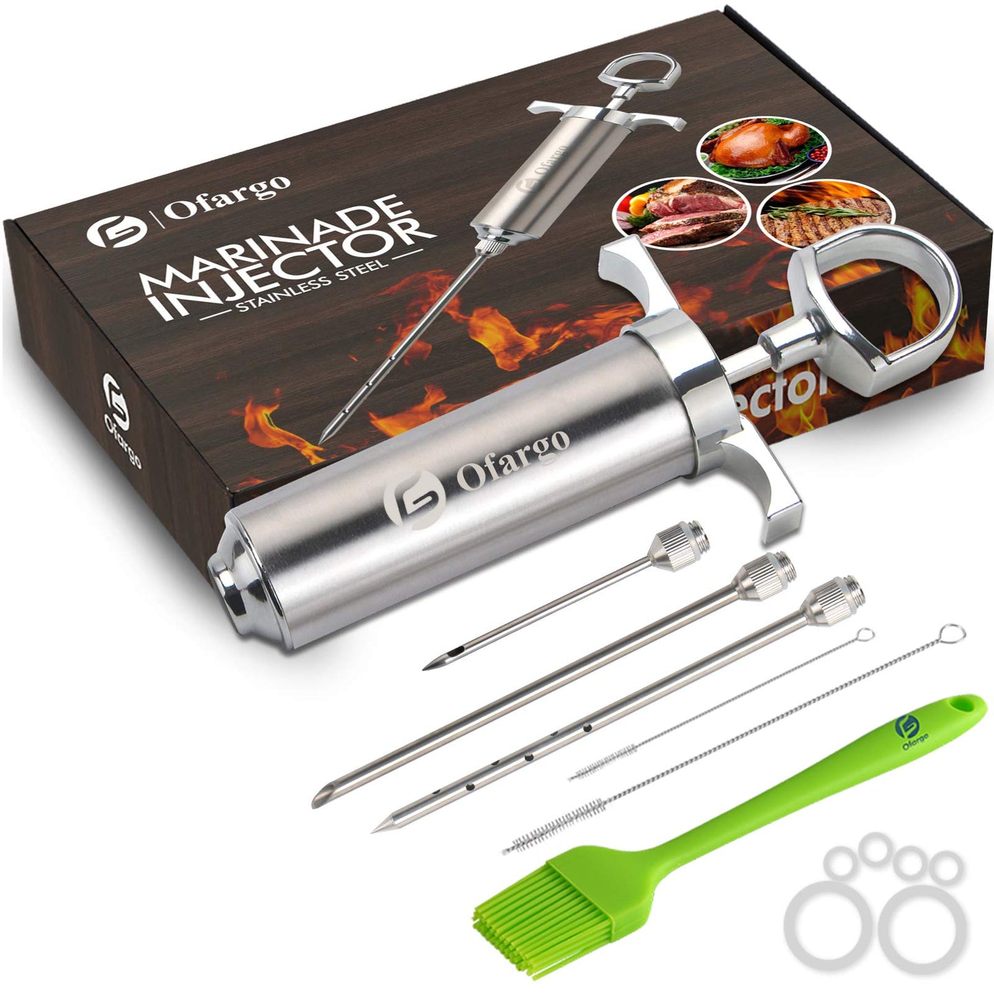 Ofargo Stainless Steel Meat Injector with 3 Marinade Injection Needles for charcoal grills, 59 ml capacity, includes instruction manual (may not be in German).