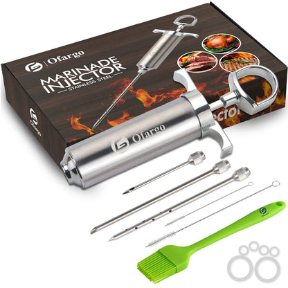 Ofargo Stainless Steel Meat Injector with 3 Marinade Injection Needles for charcoal grills, 59 ml capacity, includes instruction manual (may not be in German).