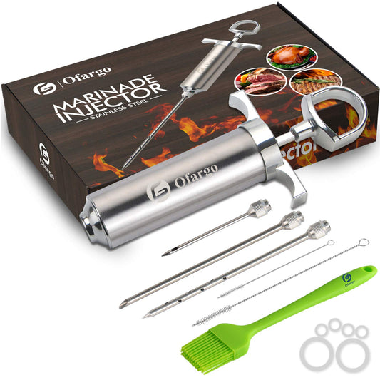 Ofargo Stainless Steel Meat Injector with 3 Marinade Injection Needles for charcoal grills, 59 ml capacity, includes instruction manual (may not be in German).