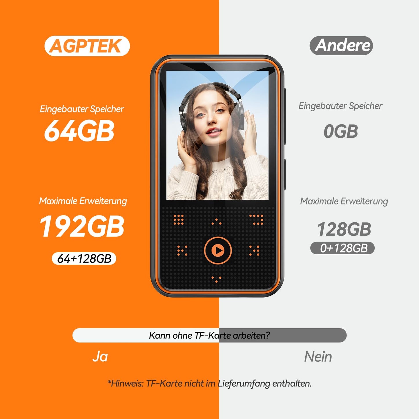 AGPTEK 64GB MP3 player with sport clip, Bluetooth 5.3 player with 1.8-inch TFT color screen, mini music player with touch buttons, FM radio, pedometer, supports up to 128GB SD card, orange