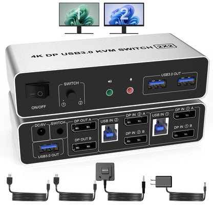 DisplayPort KVM Switch USB 3.0 Dual Monitor 4K@60Hz Switcher for 2 PCs and 2 monitors, with 3 USB 3.0 ports. Supports desktop control and peripherals like mouse, keyboard, U-Disk, and printer.