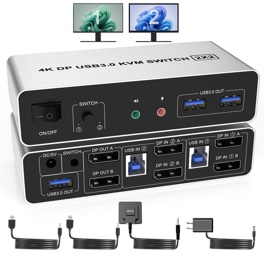 DisplayPort KVM Switch USB 3.0 Dual Monitor 4K@60Hz Switcher for 2 PCs and 2 monitors, with 3 USB 3.0 ports. Supports desktop control and peripherals like mouse, keyboard, U-Disk, and printer.